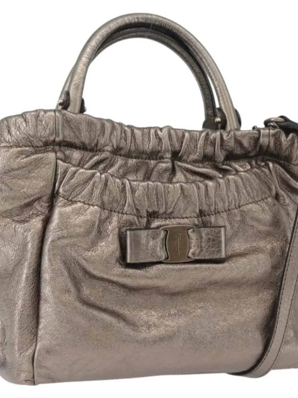 Salvatore Ferragamo Vala Hand Bag Leather 2way Silver Auth am10956